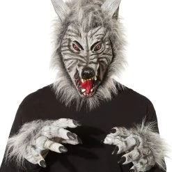 Spirit Halloween Grey Faux Fur Wolf Full Mask with Hands