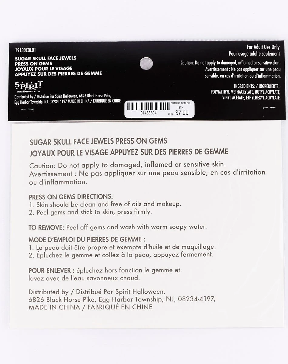 Spirit Halloween Sugar Skull Jewel Face Decal 2 Spirit Halloween Sugar Skull Jewel Face Decal - Image 2