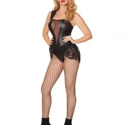 Spirit Halloween Adult Black Faux Leather and Lace Bodysuit -Cheap Trick Or Treat Hub Store 01481183 c