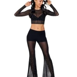 Spirit Halloween Black Mesh Rhinestone Top and Pants Set