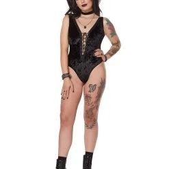 Spirit Halloween Black Velvet Lace-Up Front Bodysuit -Cheap Trick Or Treat Hub Store 07602907 c